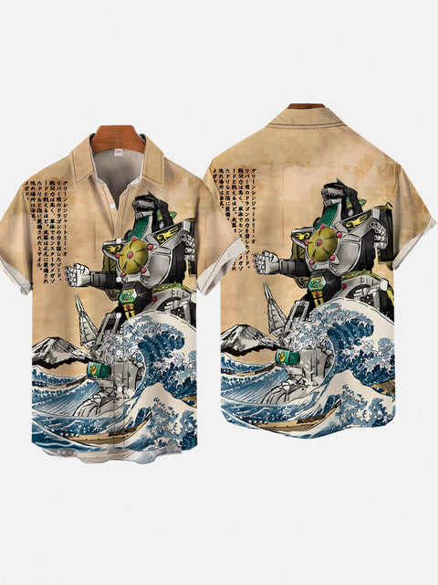 Modern Painting Ukiyo-e Mecha Dragon Ocean Waves Personalized Printing Short Sleeve Shirt