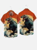 Ukiyo-E Monster Art Orange Sunset And Godzilla In The Waves Personality Printing Short Sleeve Shirt