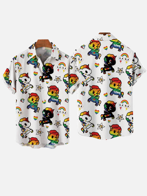 Cartoon Rainbow Unicorns Pattern Printing Short Sleeve Shirt