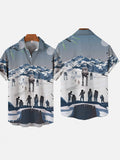 Snowfield Space War Giant Walkers And Samurais Printing Short Sleeve Shirt