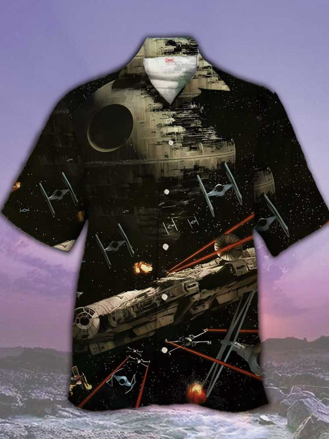 Eye-Catching Space War Space Light Cannon And Spaceship Printing Cuban Collar Hawaiian Short Sleeve Shirt