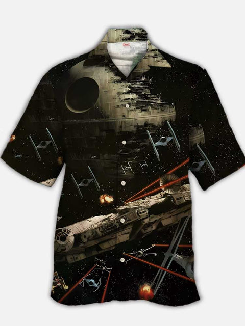 Eye-Catching Space War Space Light Cannon And Spaceship Printing Cuban Collar Hawaiian Short Sleeve Shirt