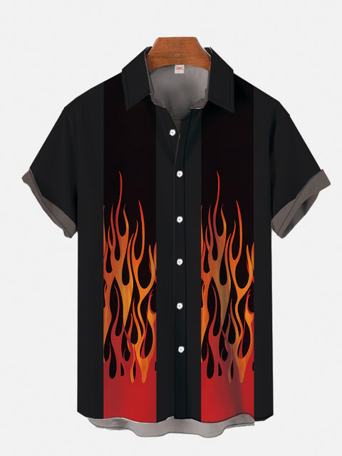 Vintage Gray And Black Stripes Stitching Red Burning Flame Printing Short Sleeve Shirt