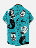 Retro Blue Tattoo Style Mermaid And Anchor Printing Short Sleeve Shirt