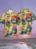 Eye-Catching Psychedelic Hippie Vintage Skull Parasise Beach Printing Cuban Collar Hawaiian Short Sleeve Shirt
