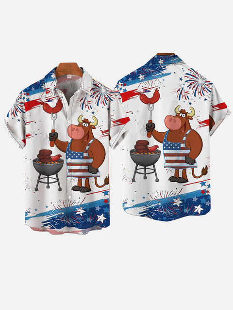 Fireworks American Flag Apron Cow Chef Roast Printing Short Sleeve Shirt