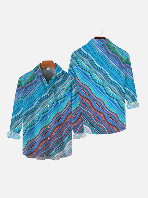 Blue Gradient Curves Wavy Pattern Printing Breast Pocket Long Sleeve Shirt