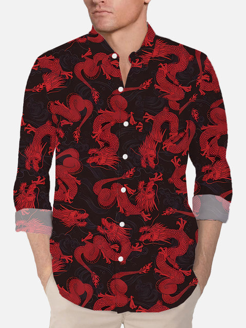 Black And Red Ethnic Style House Of Dragon Totem Pattern Printing Breast Pocket Long Sleeve Shirt