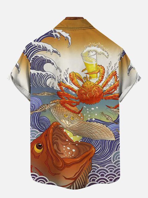 Art Ukiyo-e Koi Scallop And Crab Juice Party Printing Short Sleeve Shirt
