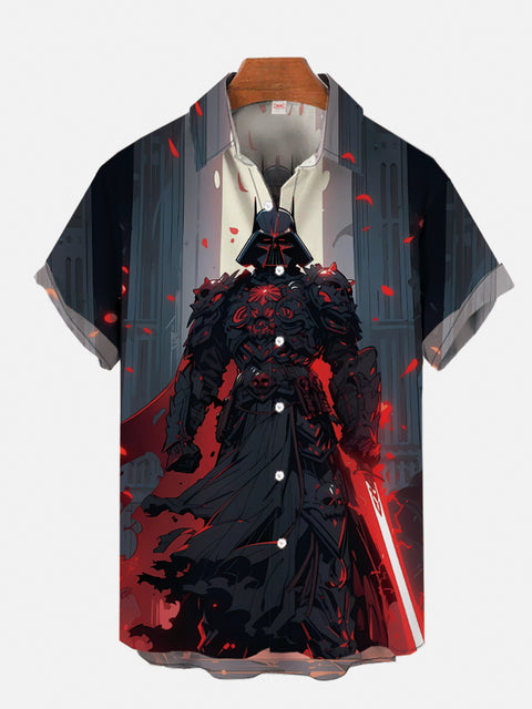 Ukiyo-E Art Red Petals And Black Robe Armed Space Samurai Printing Short Sleeve Shirt