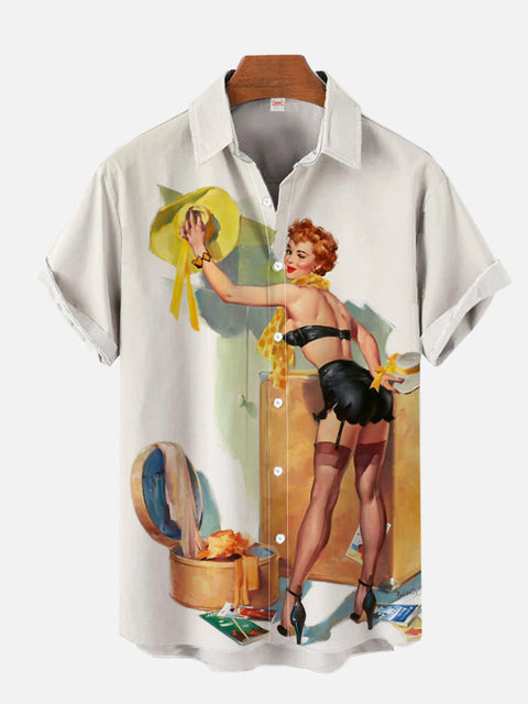 Vintage Pin Up Girl Poster Sexy Girl And Yellow Hat Printing Short Sleeve Shirt