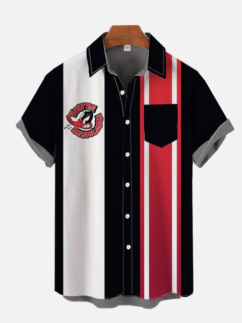Retro Black And Multicolor Stripes And Cartoon Duck Breast Pocket Printing Short Sleeve Shirt