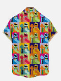 Colorful Color Block Splicing Oil Painting Style Cute Colorful Plush Monster Printing Short Sleeve Shirt