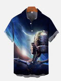 Sci-Fi Future Lightning In The Universe And Spaceship Printing Short Sleeve Shirt