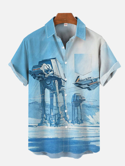 Retro Hand-Painted Poster Of Blue Ice And Snow World Science Fiction Giant Armed Walkers And Spaceship Printing Breast Pocket Short Sleeve Shirt