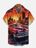 Glowing Sunset Over The City And Retro Car Printing Short Sleeve Shirt