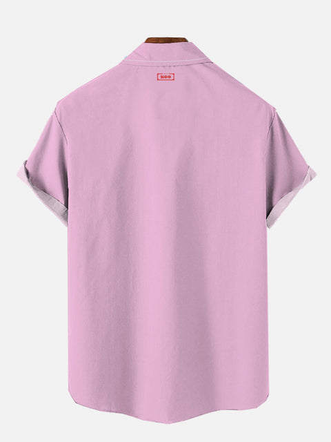 Retro 50s Pink And Black Stripes And Wavy Notes Printing Breast Pocket Short Sleeve Shirt