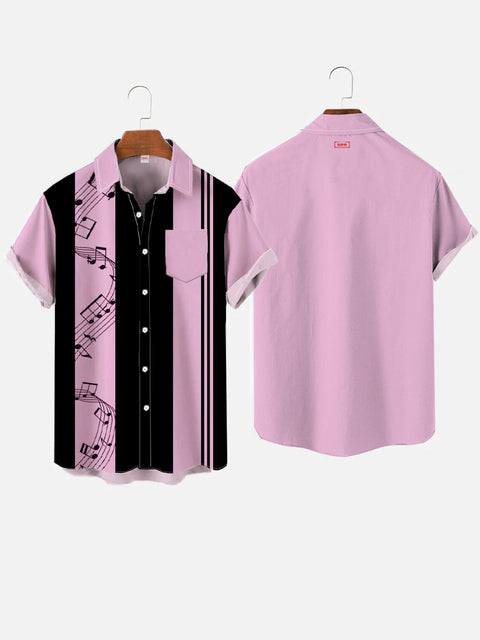 Retro 50s Pink And Black Stripes And Wavy Notes Printing Breast Pocket Short Sleeve Shirt
