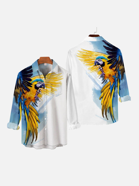 Gorgeous Colorful Macaw Parrot Watercolor Printing Breast Pocket Long Sleeve Shirt