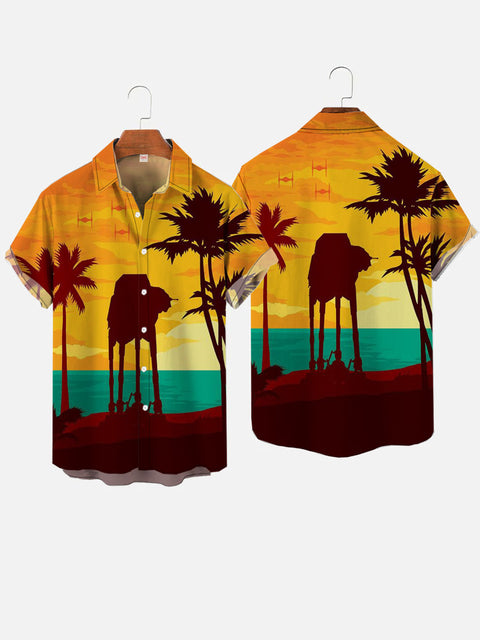 Beach Sunset Coconut Trees And Armored Walker Hawaiian Printing Short Sleeve Shirt