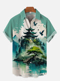 Mysterious Oriental Cyan Ink Painting Ancient Building Pavilions On An Isolated Island Printing Short Sleeve Shirt