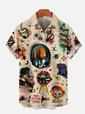 Hawaii Style Mr. Mysterious And Alien Spaceship Old School Tattoos Printing Short Sleeve Shirt