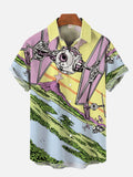 Bright Color Cartoon Style Sci-Fi Space Drone Flying Over Land Printing Short Sleeve Shirt