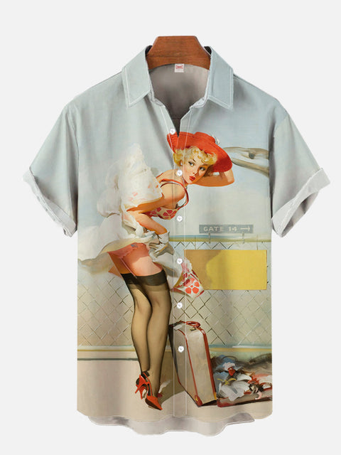 Vintage Pin Up Art Beauty And Scattered Luggage Printing Short Sleeve Shirt
