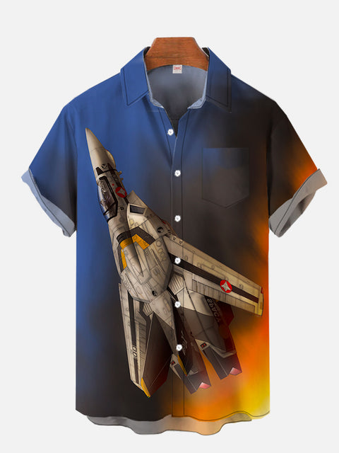 Sci-Fi Cool Gradient Space And Spaceship Printing Breast Pocket Short Sleeve Shirt