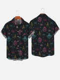 Colorful Hand-Painted Sci-Fi Spaceships And Drones On Black Printing Breast Pocket Short Sleeve Shirt
