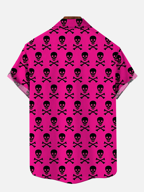 Hawaiian Pink And Black Contrasting Pirate Skulls Printing Breast Pocket Short Sleeve Shirt