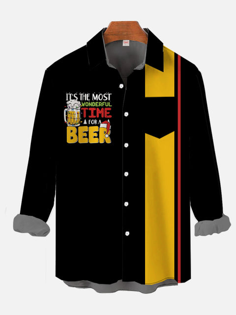 50s Black & Yellow Stripe The Most Wonderful Time For A Beer Printing Breast Pocket Long Sleeve Shirt