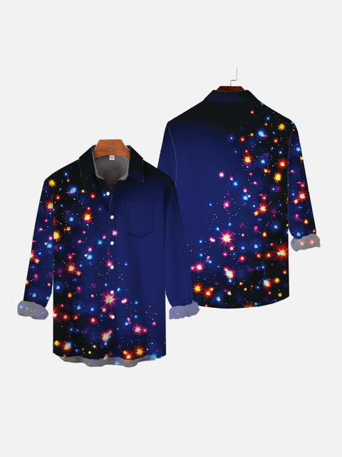 Fantasy Blue Neon Universe Starry Printing Breast Pocket Long Sleeve Shirt