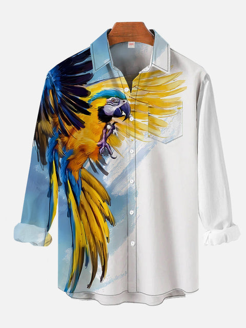 Gorgeous Colorful Macaw Parrot Watercolor Printing Breast Pocket Long Sleeve Shirt