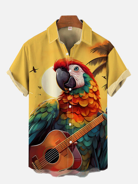 Hawaiian Fun Cartoon Parrot Playing Guitar Printing Short Sleeve Shirt