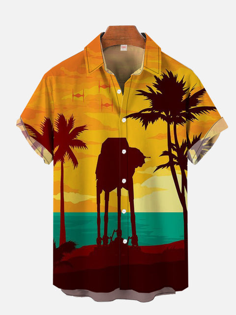 Beach Sunset Coconut Trees And Armored Walker Hawaiian Printing Short Sleeve Shirt