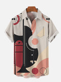 Abstract Musical Instrument Guitar And Trombone Printing Breast Pocket Short Sleeve Shirt