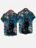 Fantasy Ukiyoe Black Cat And Cherry Blossoms Printing Short Sleeve Shirt