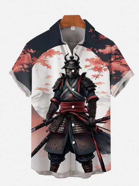 Ukiyo-E Horn Armor Warrior Under Cherry Blossom Tree Printing Short Sleeve Shirt