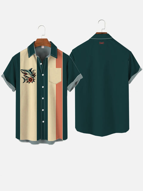 Retro Green And Wheat Stripes And Tattoo Style Shark Pattern Printing Breast Pocket Short Sleeve Shirt