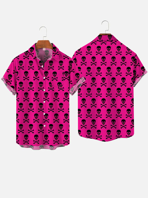 Hawaiian Pink And Black Contrasting Pirate Skulls Printing Breast Pocket Short Sleeve Shirt