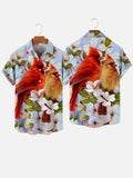 Two Cardinal Birds Standing Side By Side On A Branch Printing Short Sleeve Shirt