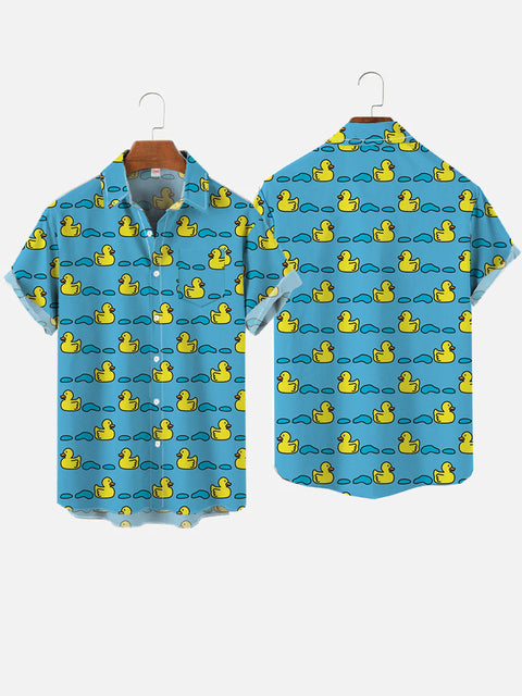 Vintage 80S 90S Hawaiian Cartoon Rubber Ducks Printing Breast Pocket Short Sleeve Shirt