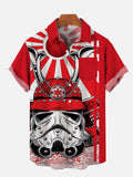 Ukiyo-E Samurai Art Red Masked Samurai With Red Sun Printing Breast Pocket Short Sleeve Shirt