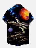 Three Spacecrafts Flying Through The Planets Printing Short Sleeve Shirt