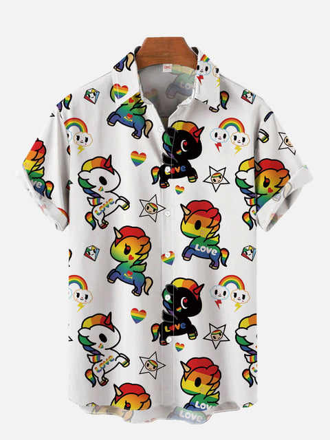 Cartoon Rainbow Unicorns Pattern Printing Short Sleeve Shirt