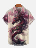 Art Mythical Beast Pink Peach Blossom Dragon Printing Short Sleeve Shirt