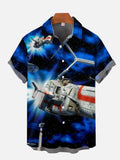 Sci-Fi Blue Mist and Flashing Stars Interstellar Travel Space Fleet Printing Short Sleeve Shirt
