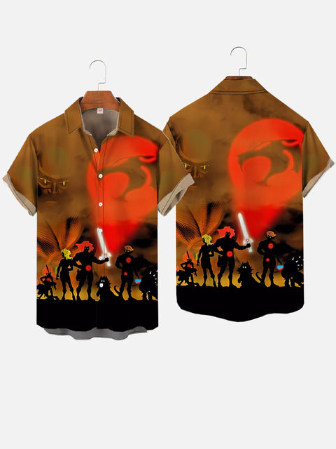 Brown Fantasy Desert Sunset And Warriors Silhouettes Printing Short Sleeve Shirt