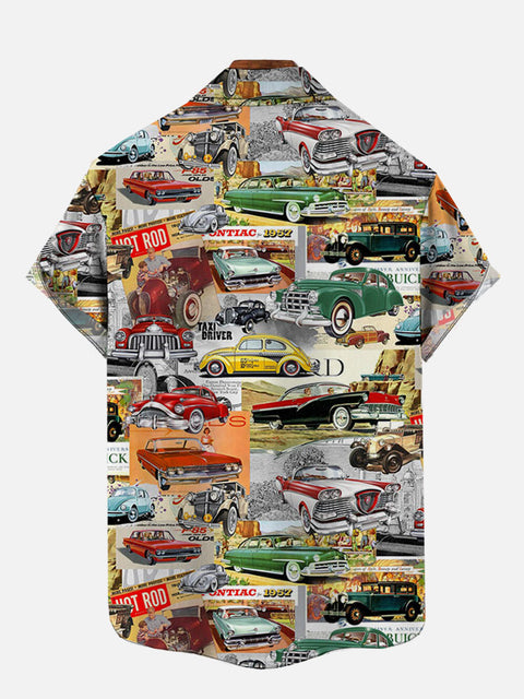 Vintage Classic Car Newspaper Collection Patchwork Printing Short Sleeve Shirt